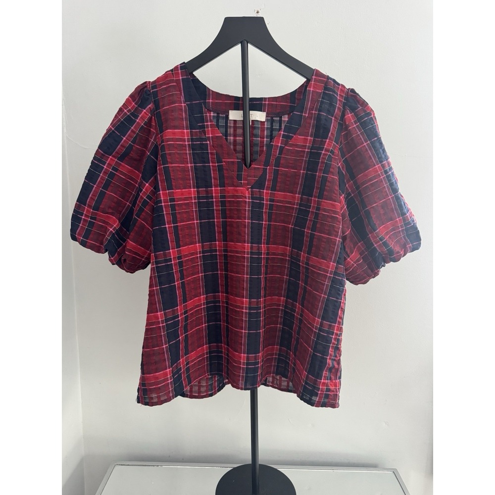 LOFT Red & Navy Plaid‎ Romantic Cottagecore Puff Sleeve V-Neck Blouse Women's M